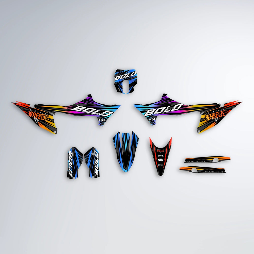 RAGE Stark Varg MX graphics kit parts layout in Sunset Fade
