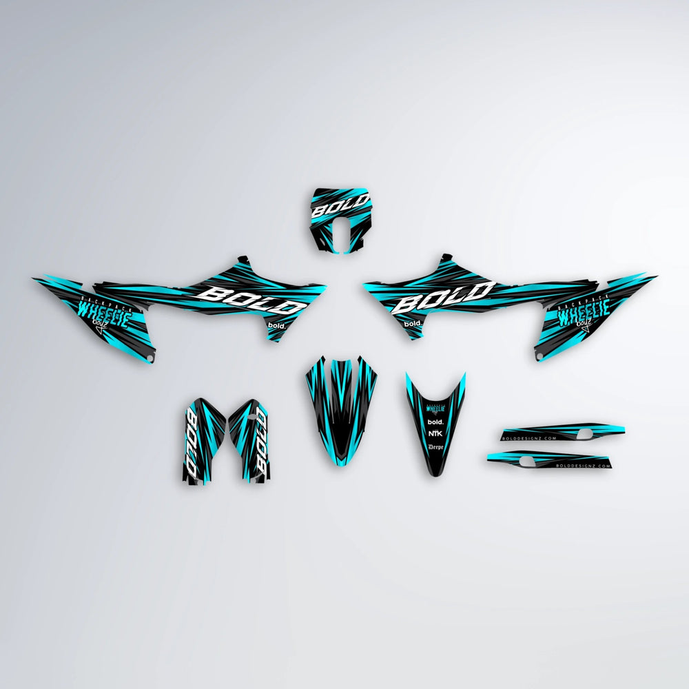 RAGE Stark Varg MX graphics kit parts layout in Teal