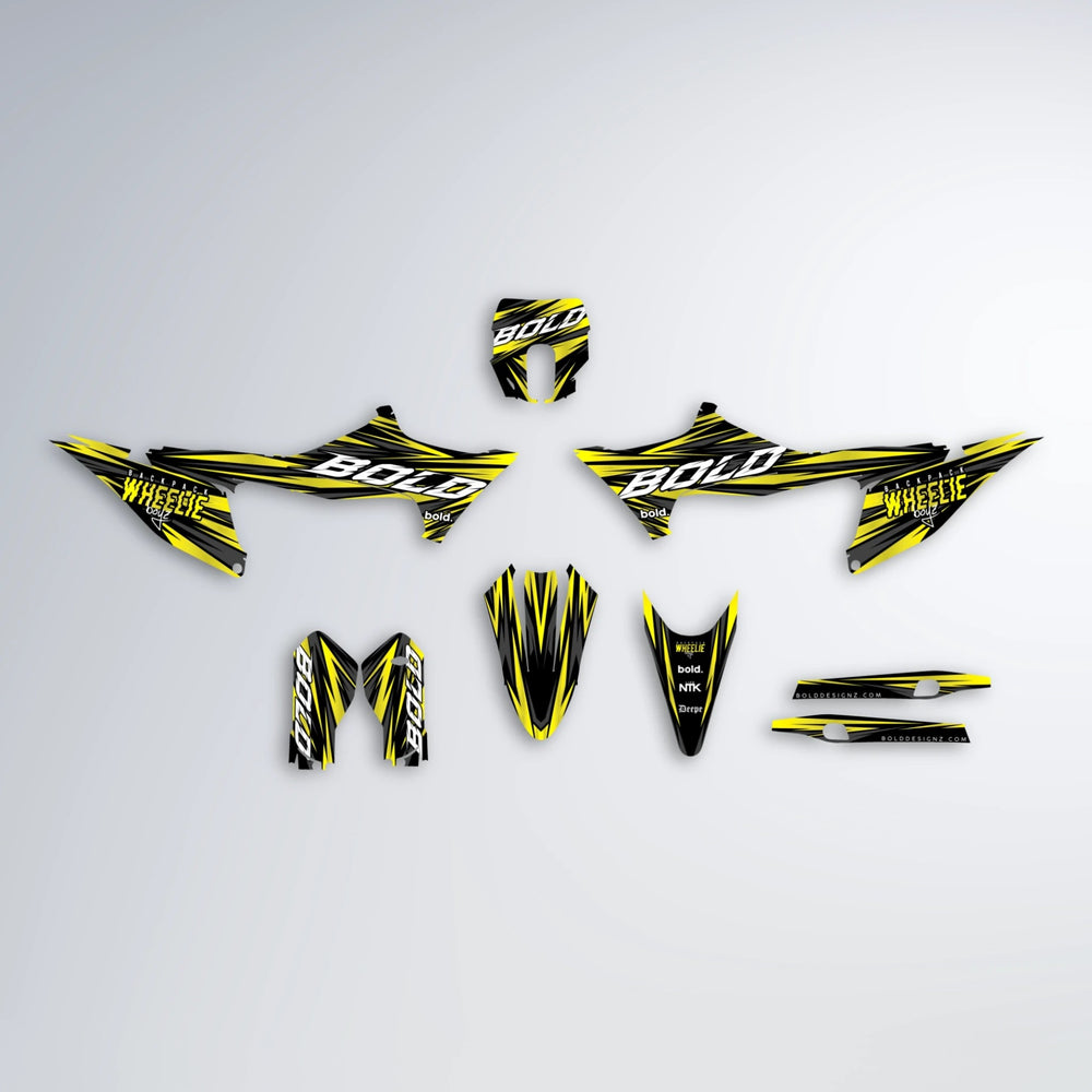 RAGE Stark Varg MX graphics kit parts layout in Yellow