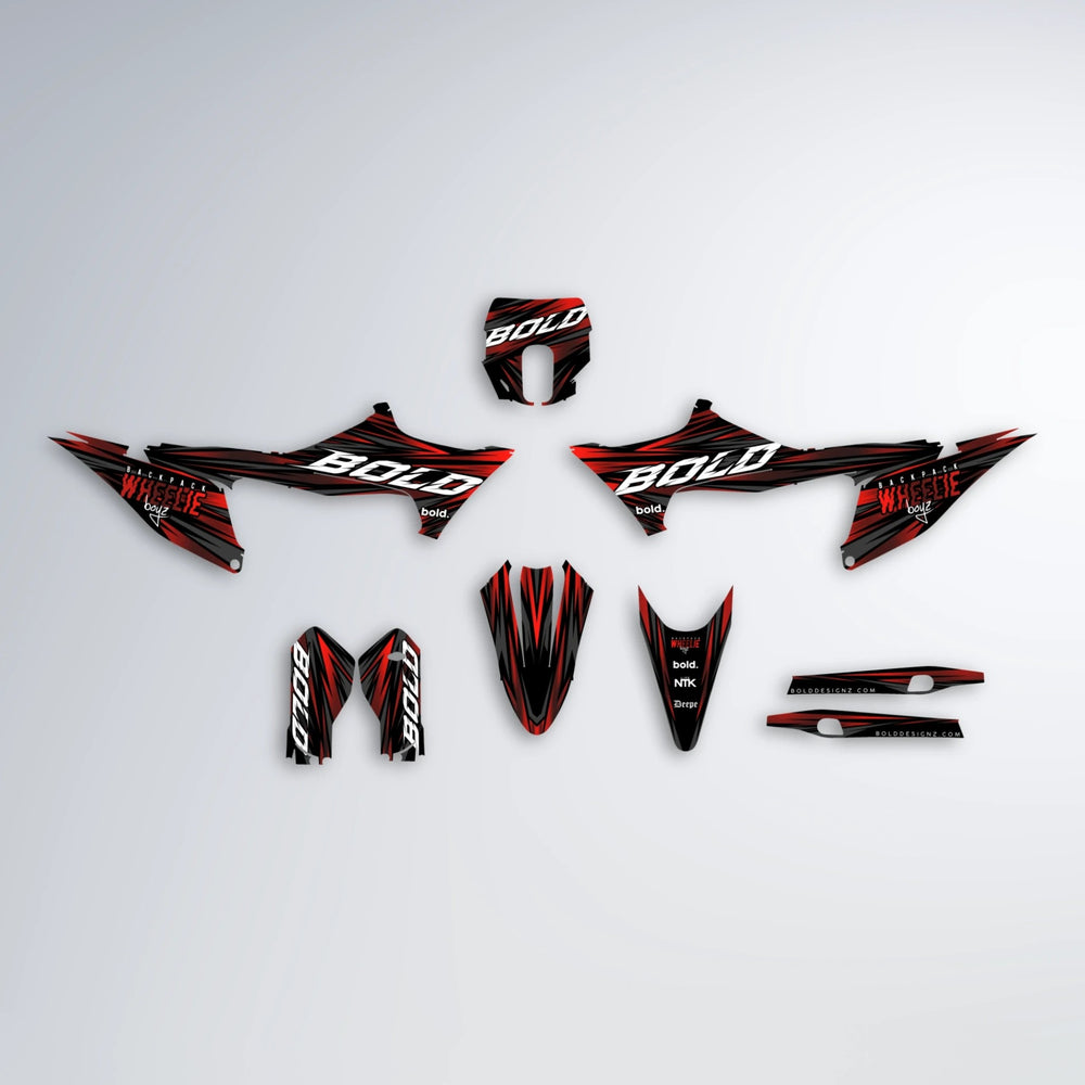 RAGE Stark Varg SM graphics kit parts layout in Black & Red