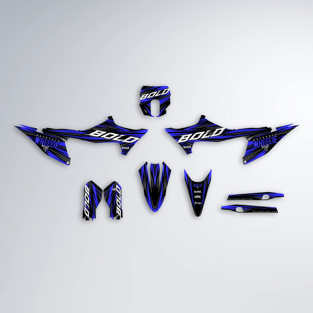 RAGE Stark Varg SM graphics kit parts layout in Blue