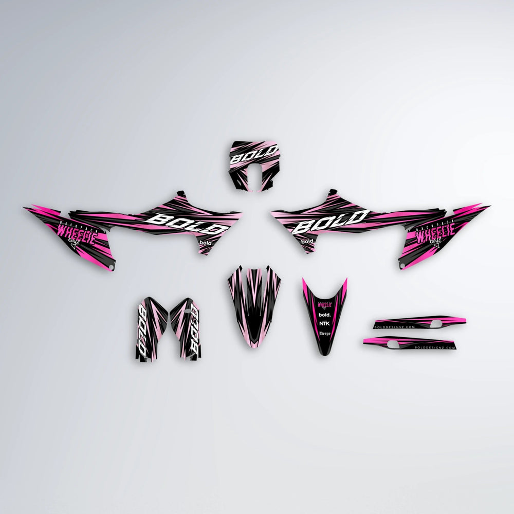 RAGE Stark Varg SM graphics kit parts layout in Flamingo