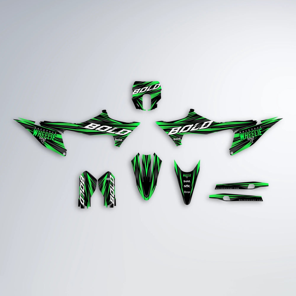 RAGE Stark Varg SM graphics kit parts layout in Green