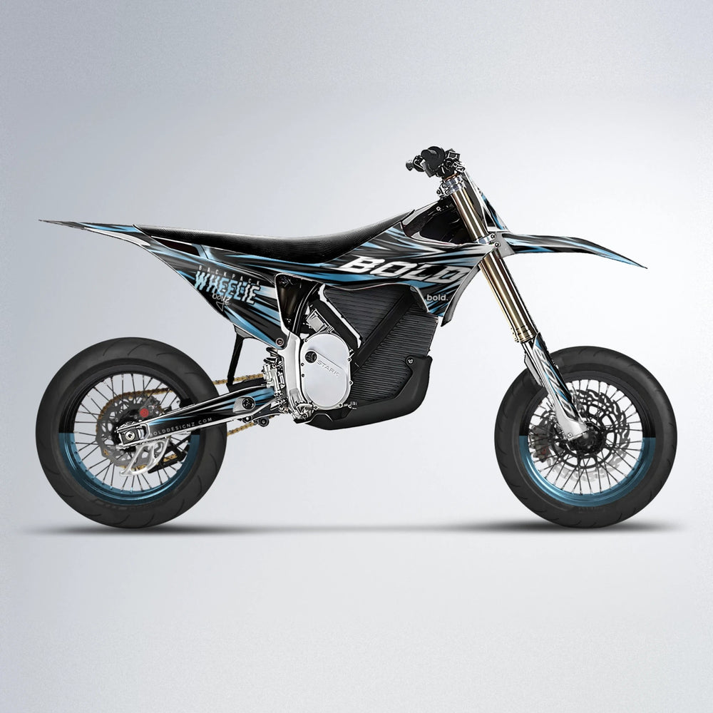 RAGE Stark Varg SM supermoto graphics kit in Light Blue & White