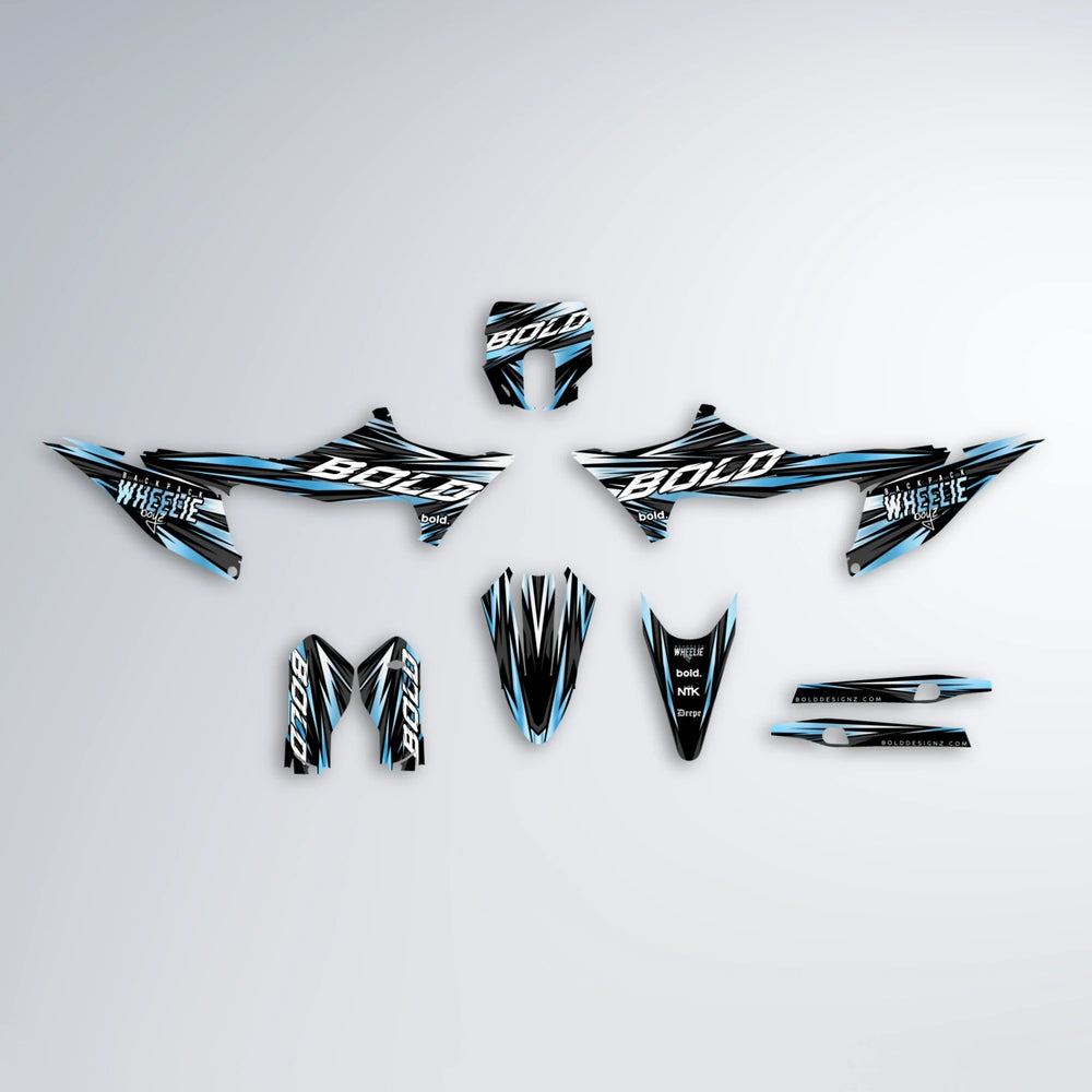 RAGE Stark Varg SM graphics kit parts layout in Light Blue & White