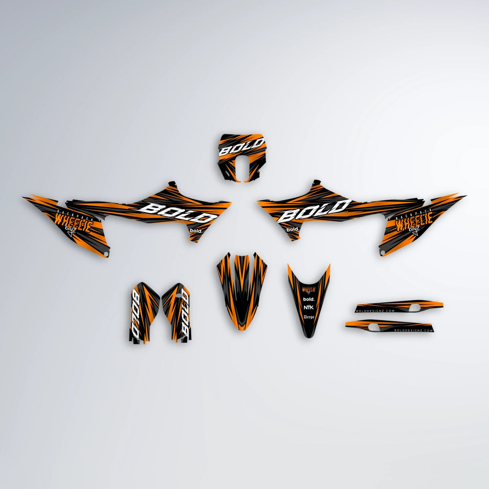 RAGE Stark Varg SM graphics kit parts layout in Orange