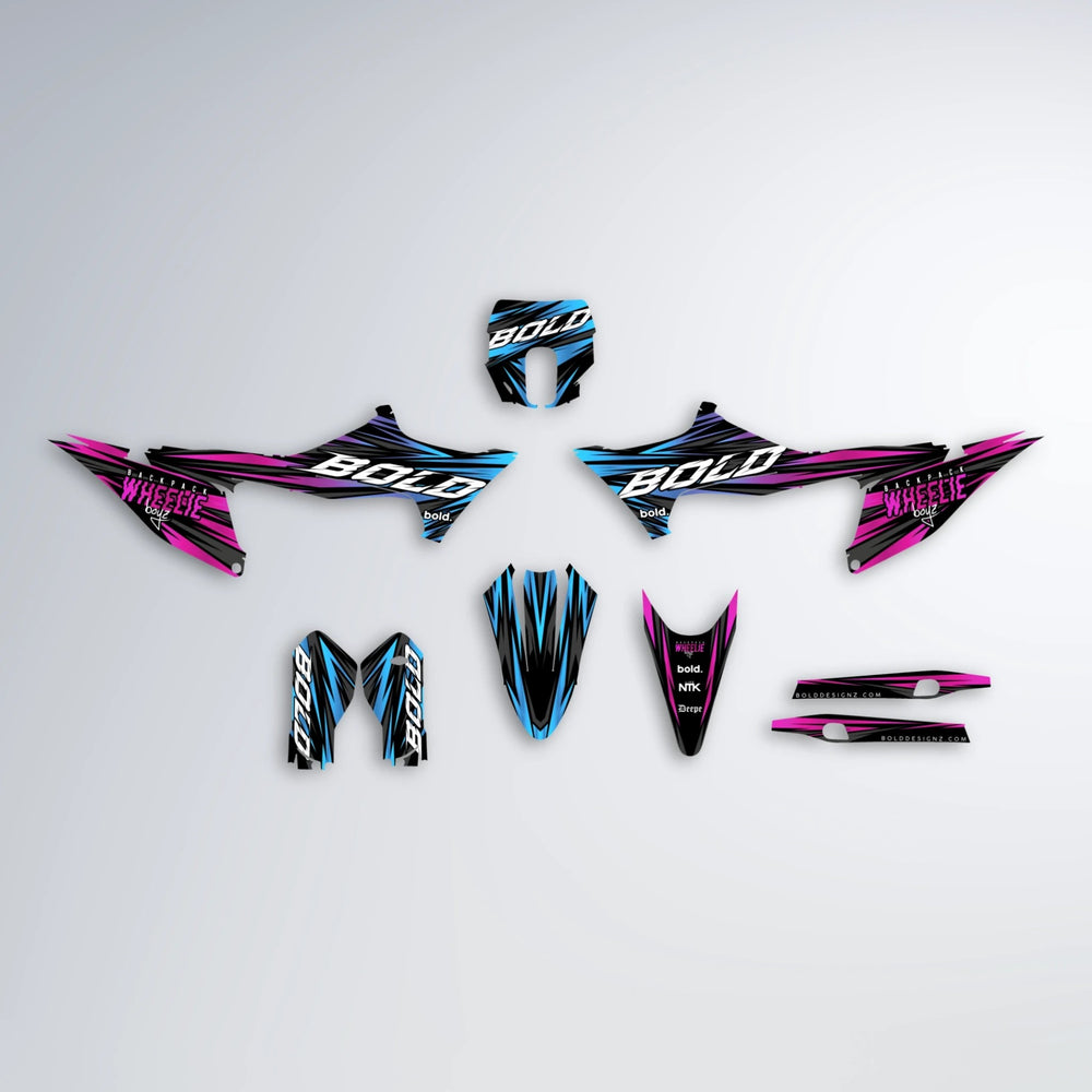 RAGE Stark Varg SM graphics kit parts layout in Pink & Light Blue