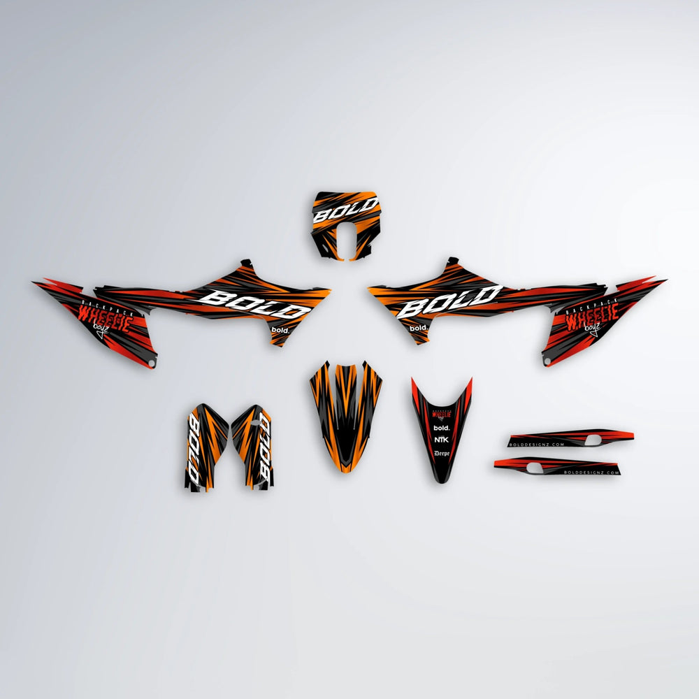RAGE Stark Varg SM graphics kit parts layout in Red & Orange