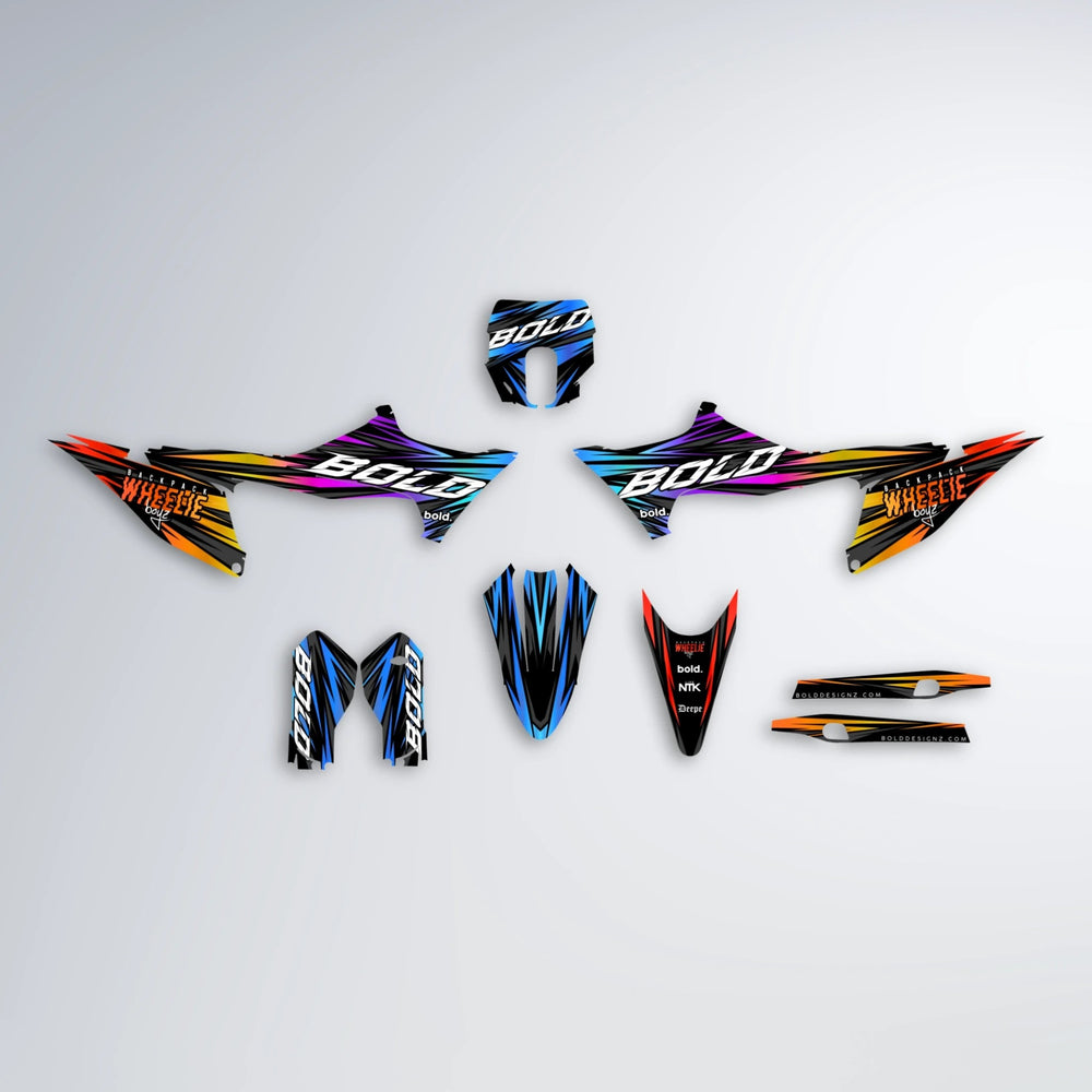 RAGE Stark Varg SM graphics kit parts layout in Sunset Fade