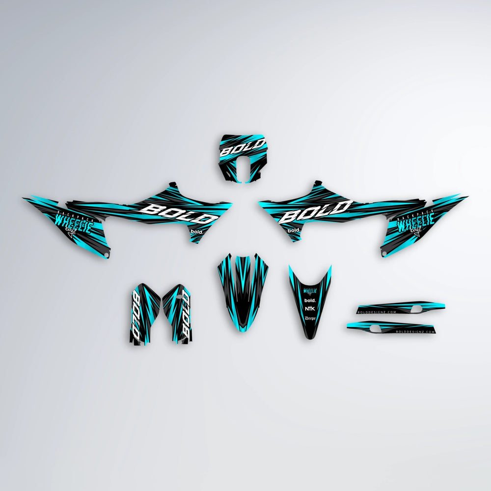 RAGE Stark Varg SM graphics kit parts layout in Teal