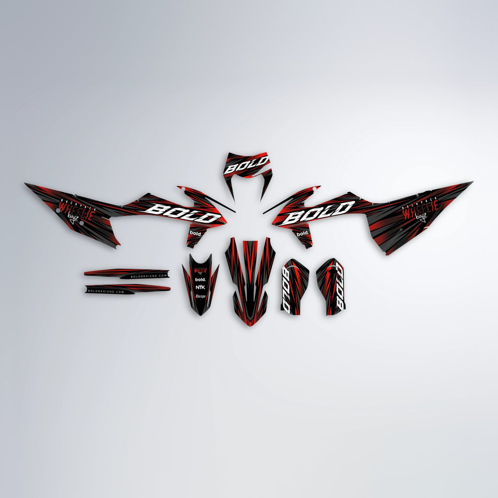 RAGE graphics kit parts layout in Black & Red (White Logo)