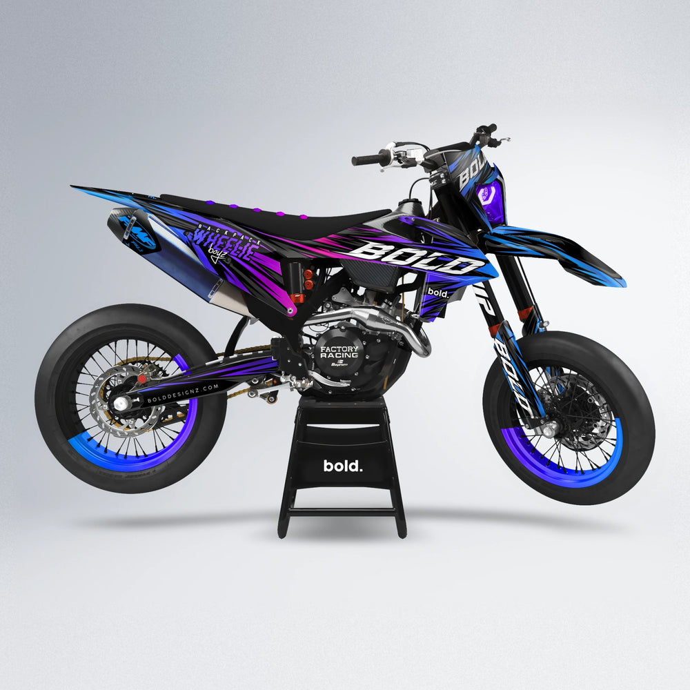 RAGE supermoto graphics kit in Blue Purple Fade (White Logo)