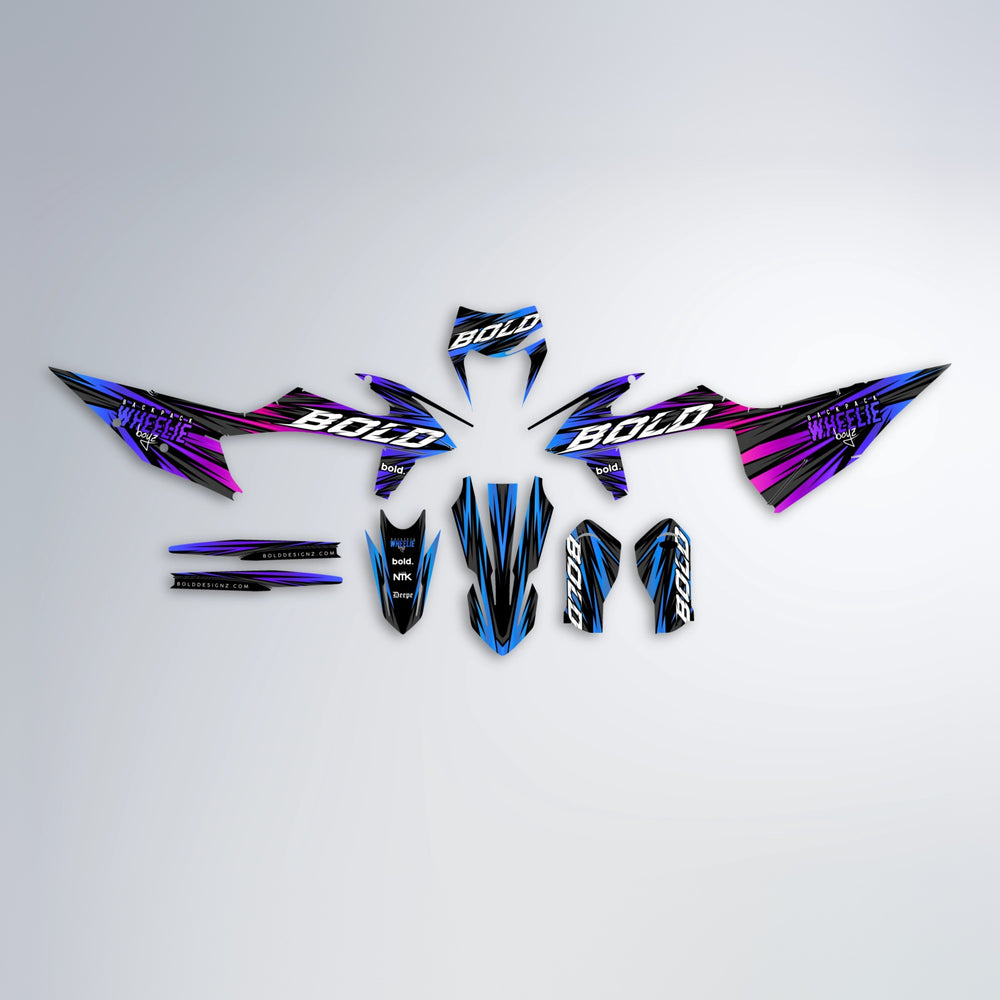 RAGE graphics kit parts layout in Blue Purple Fade (White Logo)