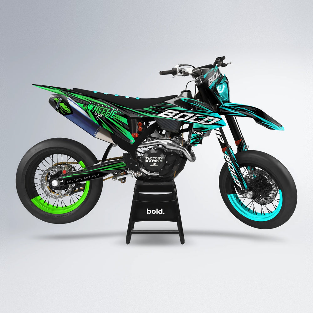 RAGE supermoto graphics kit in Cyan & Green (White Logo)