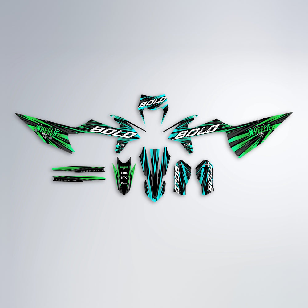 RAGE graphics kit parts layout in Cyan & Green (White Logo)