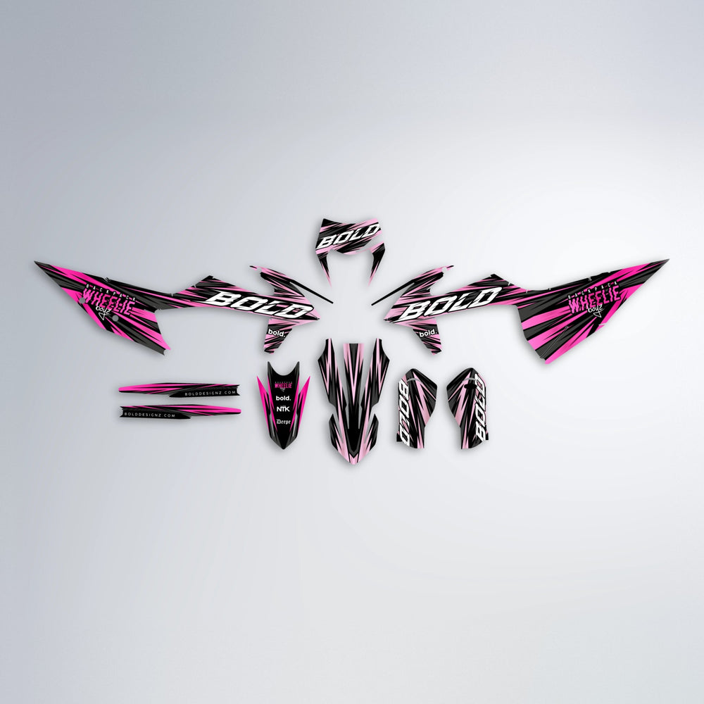 RAGE graphics kit parts layout in Flamingo (White Logo)