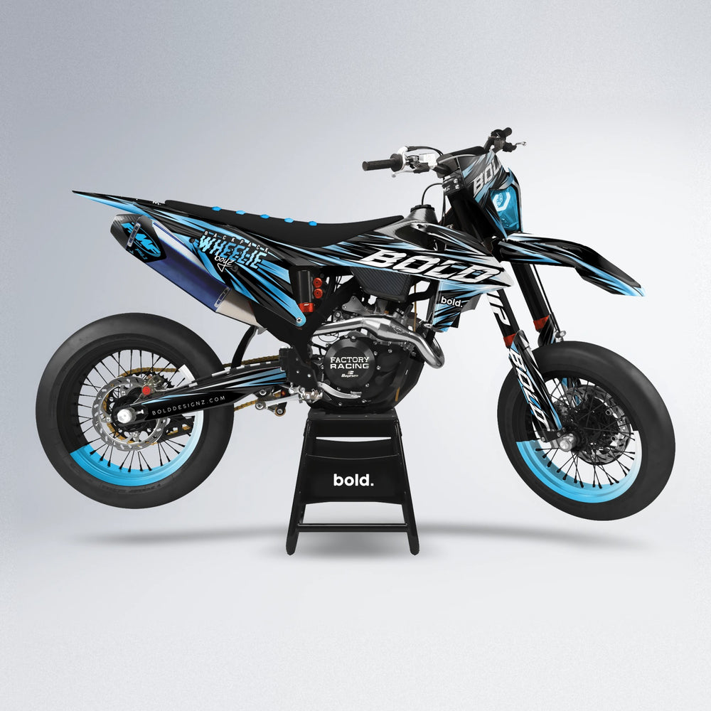 RAGE supermoto graphics kit in Light Blue & White (White Logo)