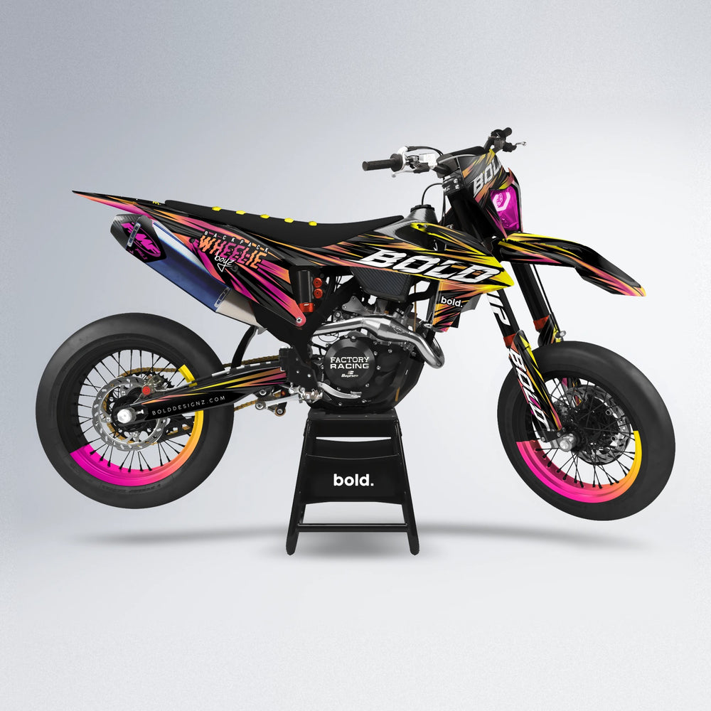 RAGE supermoto graphics kit in Pink & Yellow (White Logo)