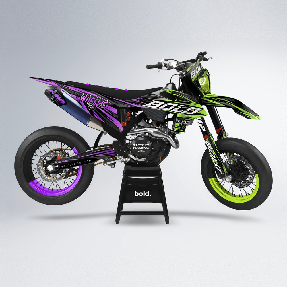 RAGE supermoto graphics kit in Purple & Yellow (White Logo)