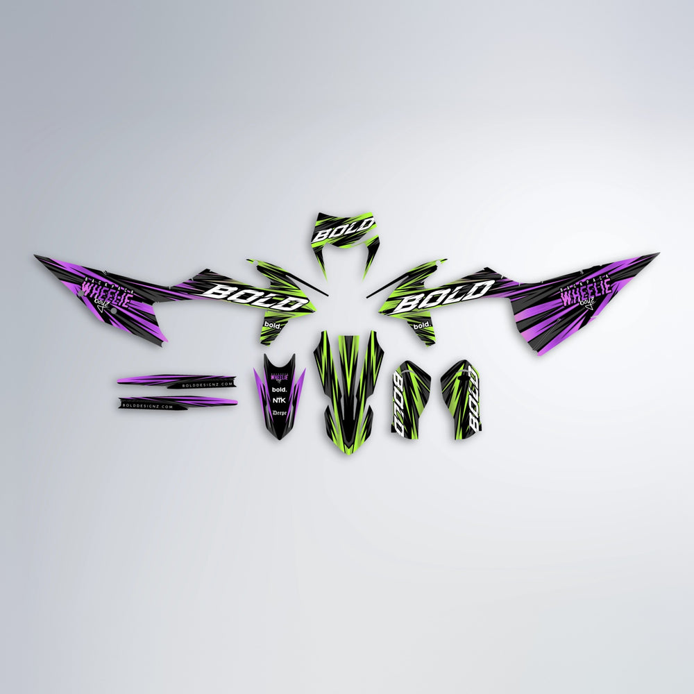 RAGE graphics kit parts layout in Purple & Yellow (White Logo)