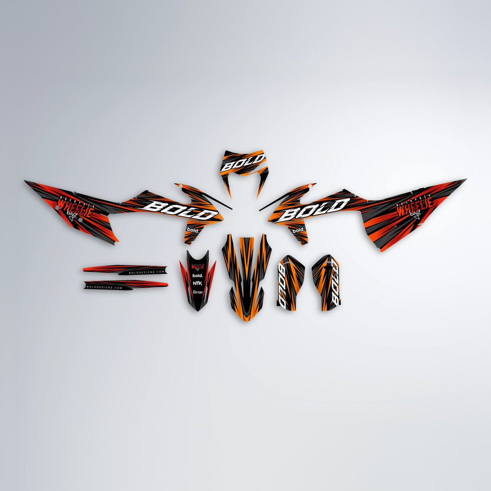 RAGE graphics kit parts layout in Red & Orange (White Logo)