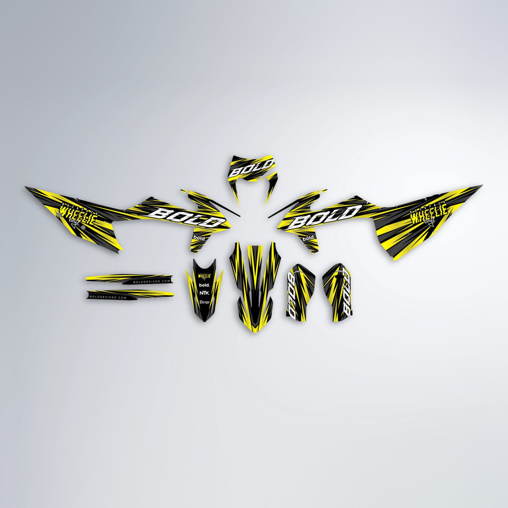 RAGE graphics kit parts layout in Yellow (White Logo)