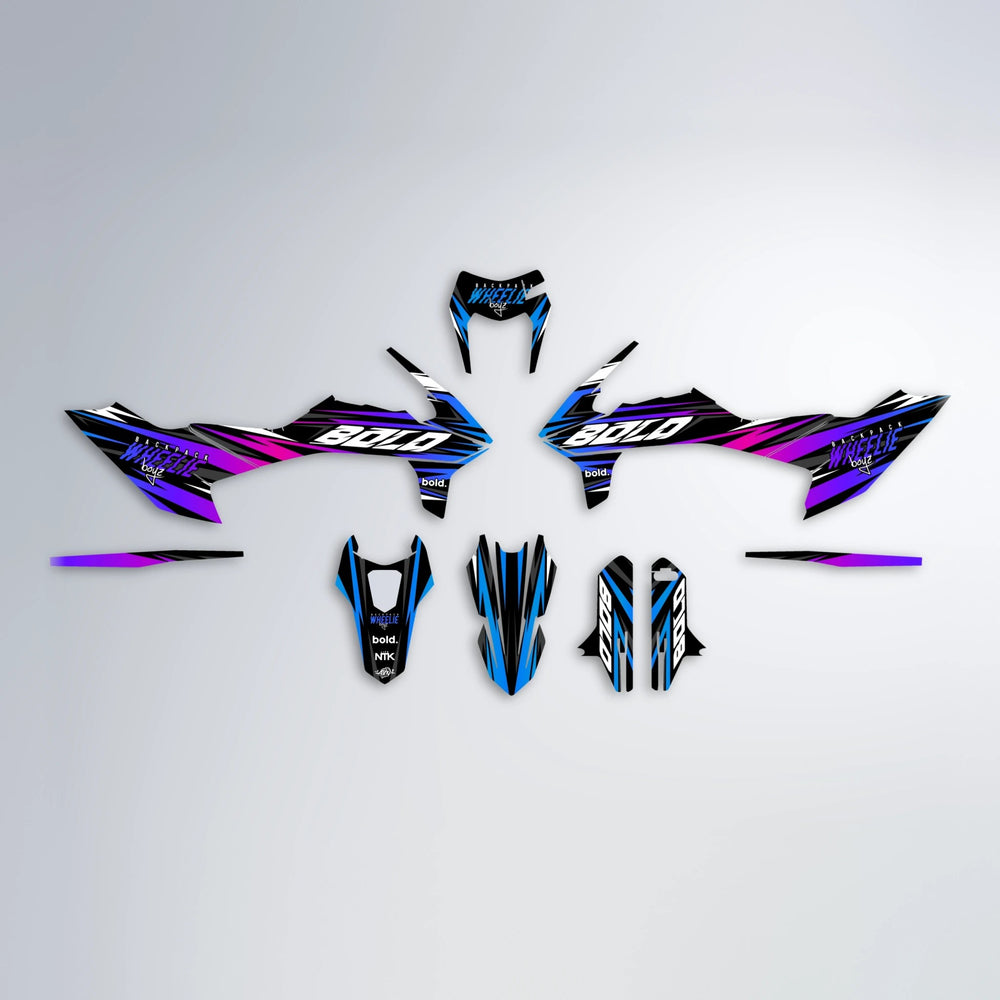 RAGE V2 KTM SMC 690 graphics kit parts layout in Blue Purple Fade
