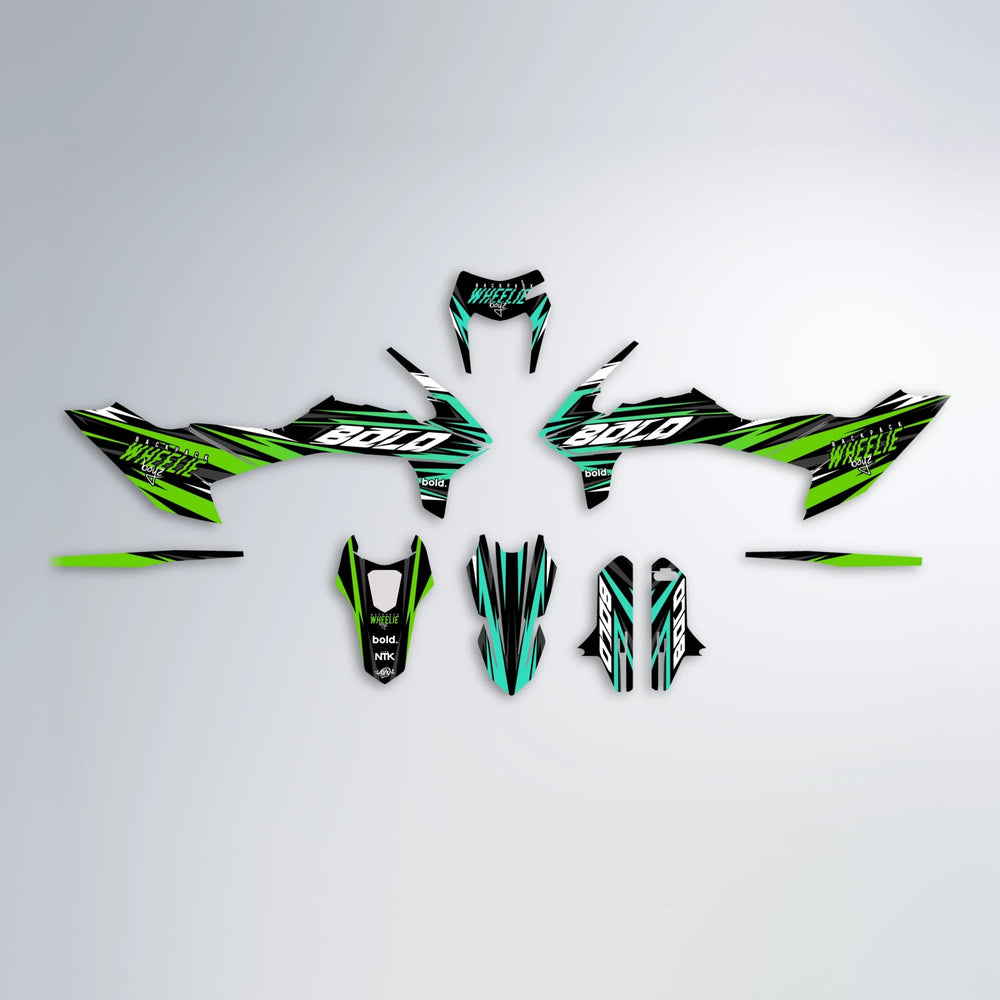 RAGE V2 KTM SMC 690 graphics kit parts layout in Cyan & Green