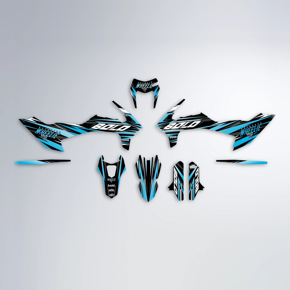 RAGE V2 KTM SMC 690 graphics kit parts layout in Light Blue & White