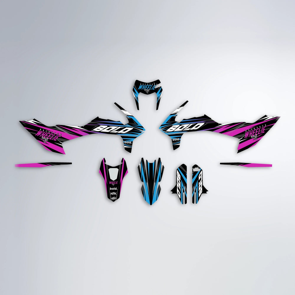 RAGE V2 KTM SMC 690 graphics kit parts layout in Pink & Light Blue