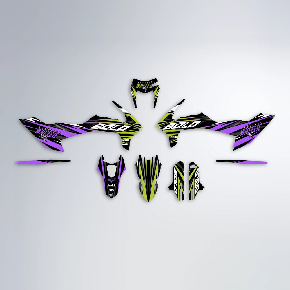 RAGE V2 KTM SMC 690 graphics kit parts layout in Purple & Yellow