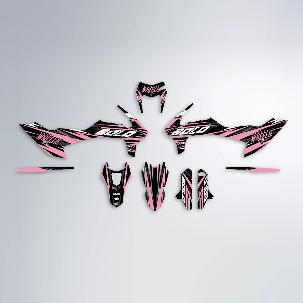 RAGE V2 KTM SMC 690 graphics kit parts layout in Sakura Pink