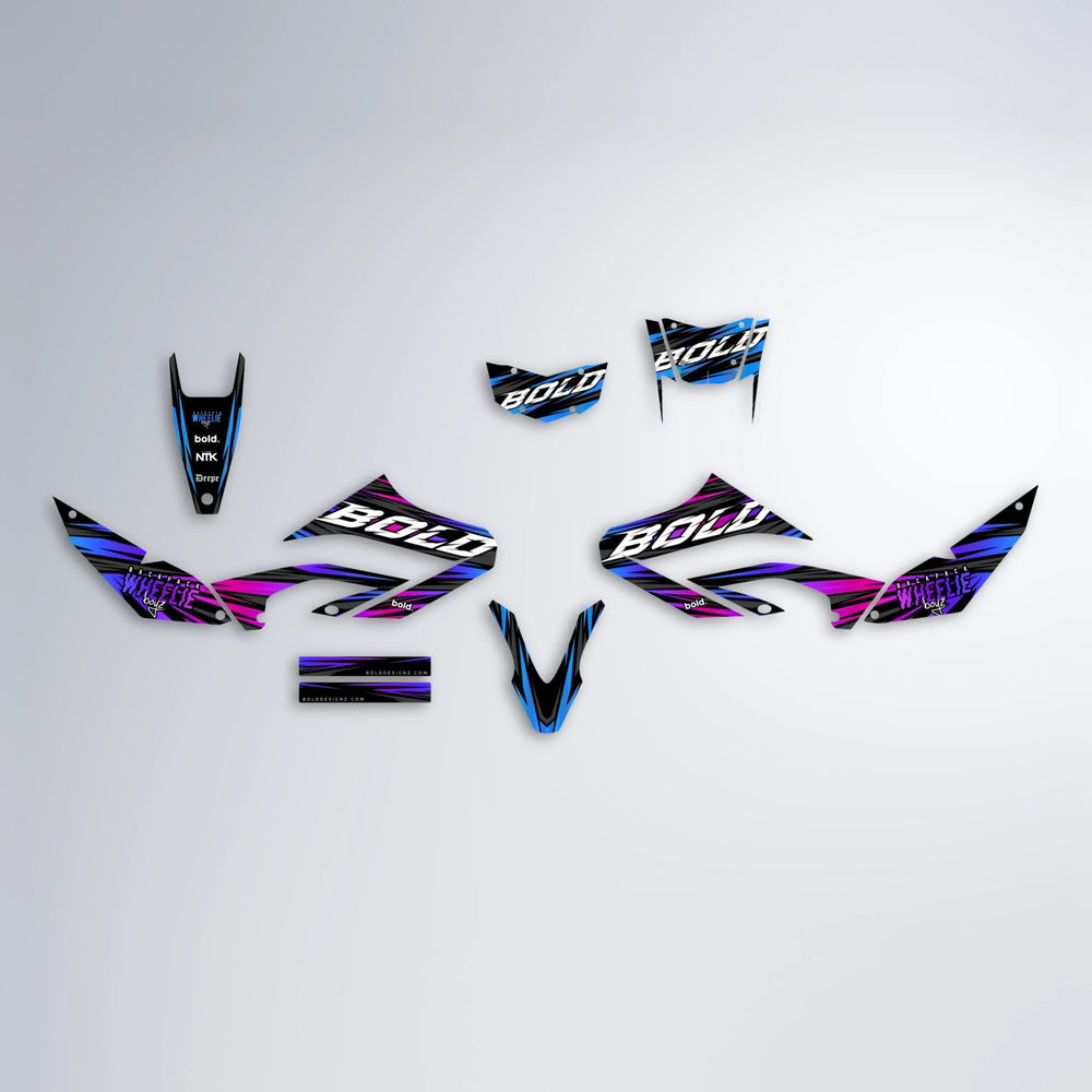 RAGE Yamaha WR 125X graphics kit parts layout in Blue Purple Fade