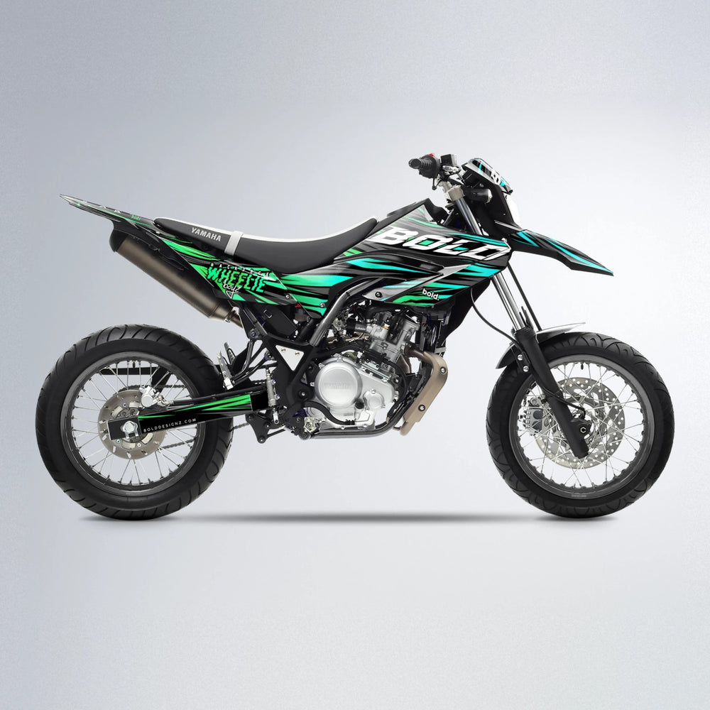 RAGE Yamaha WR 125X supermoto graphics kit in Cyan & Green