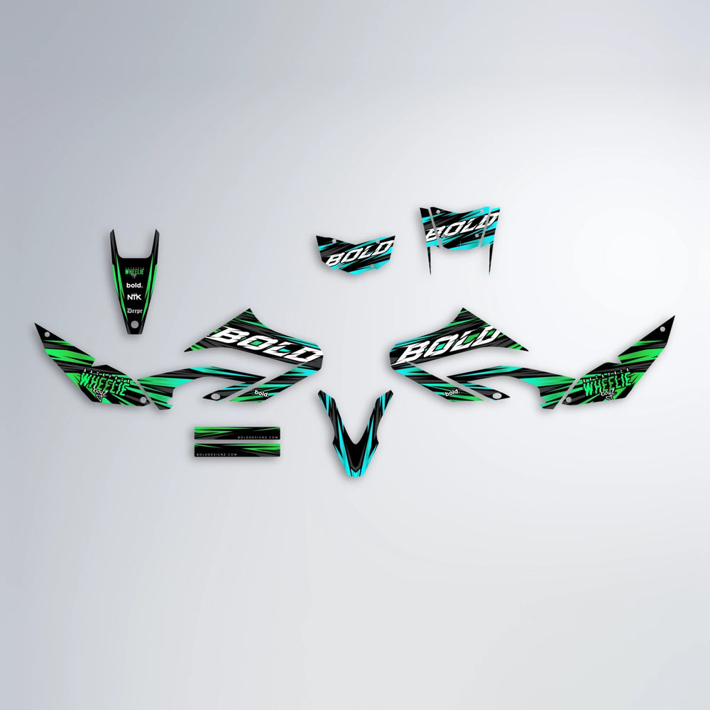 RAGE Yamaha WR 125X graphics kit parts layout in Cyan & Green