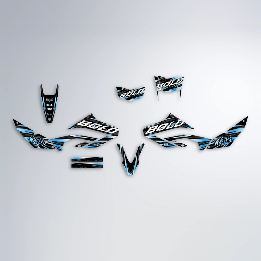 RAGE Yamaha WR 125X graphics kit parts layout in Light Blue & White