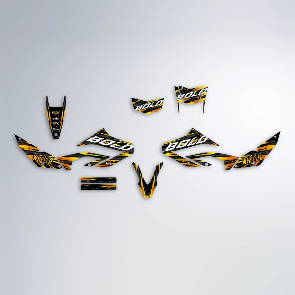 RAGE Yamaha WR 125X graphics kit parts layout in Orange & Yellow