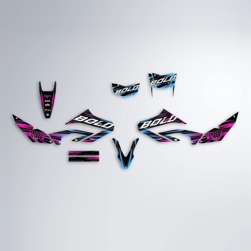 RAGE Yamaha WR 125X graphics kit parts layout in Pink & Light Blue