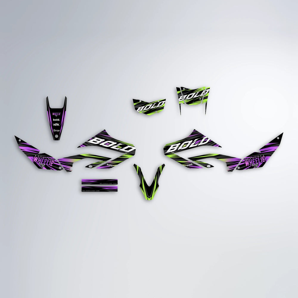 RAGE Yamaha WR 125X graphics kit parts layout in Purple & Yellow