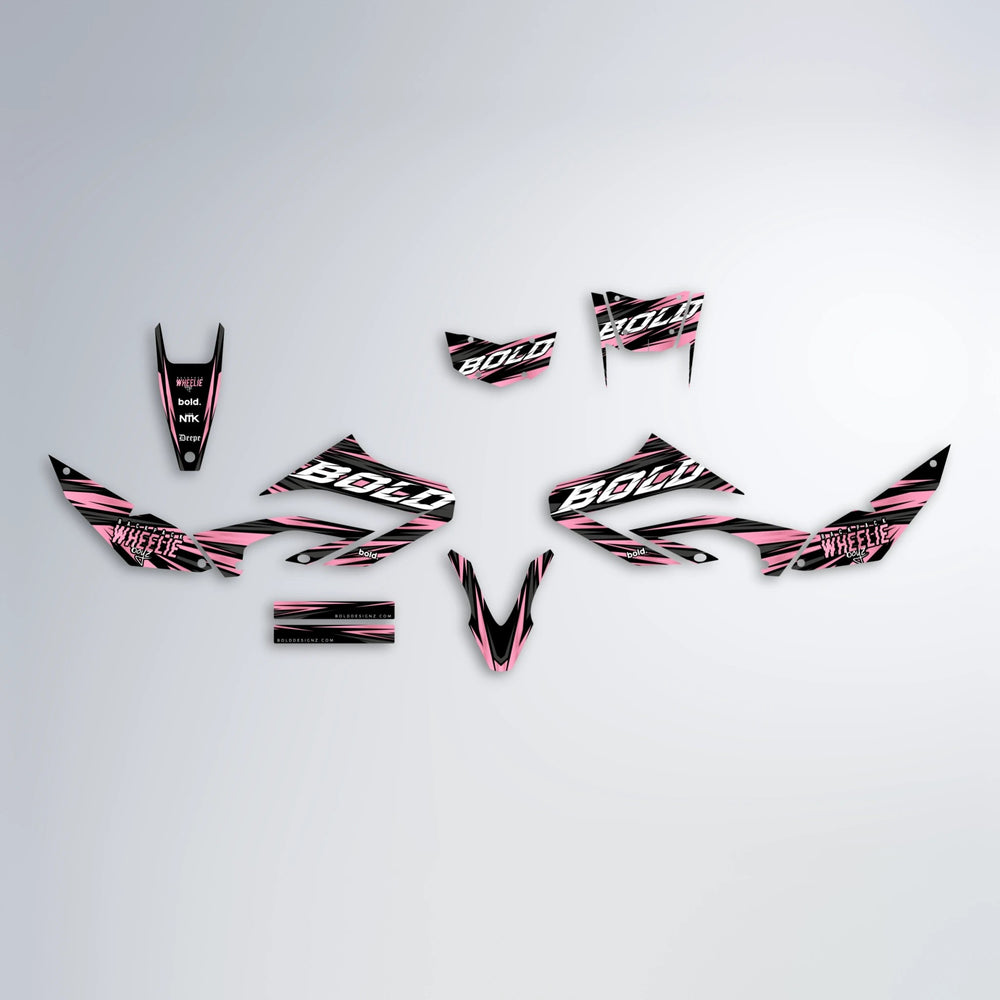 RAGE Yamaha WR 125X graphics kit parts layout in Sakura Pink
