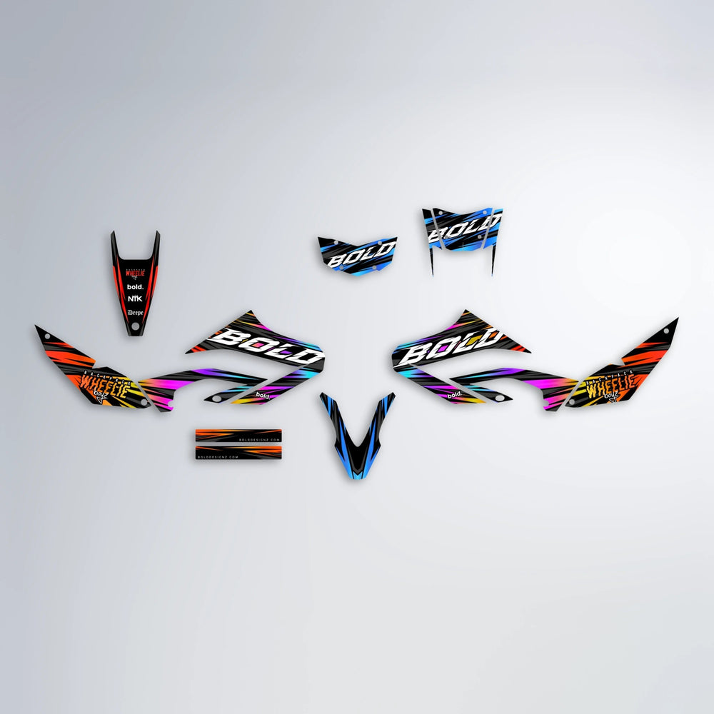 RAGE Yamaha WR 125X graphics kit parts layout in Sunset Fade