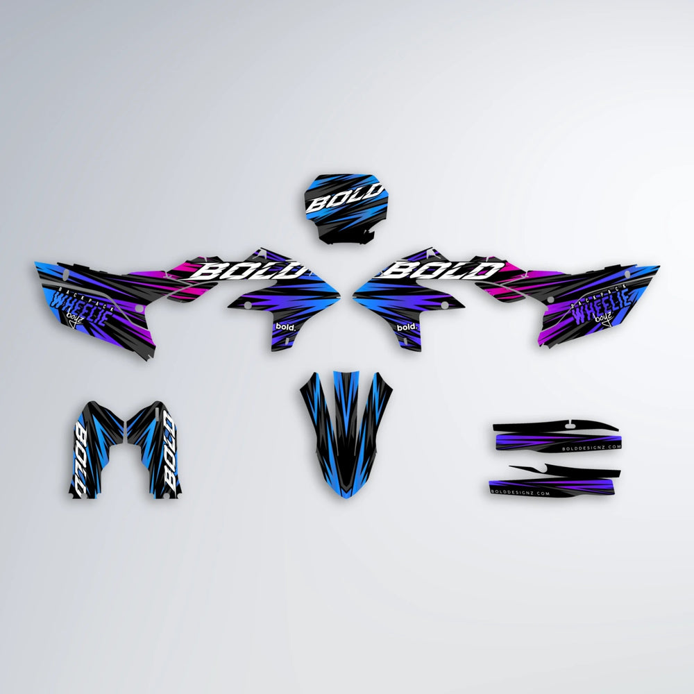 RAGE Yamaha YZF MX graphics kit parts layout in Blue Purple Fade
