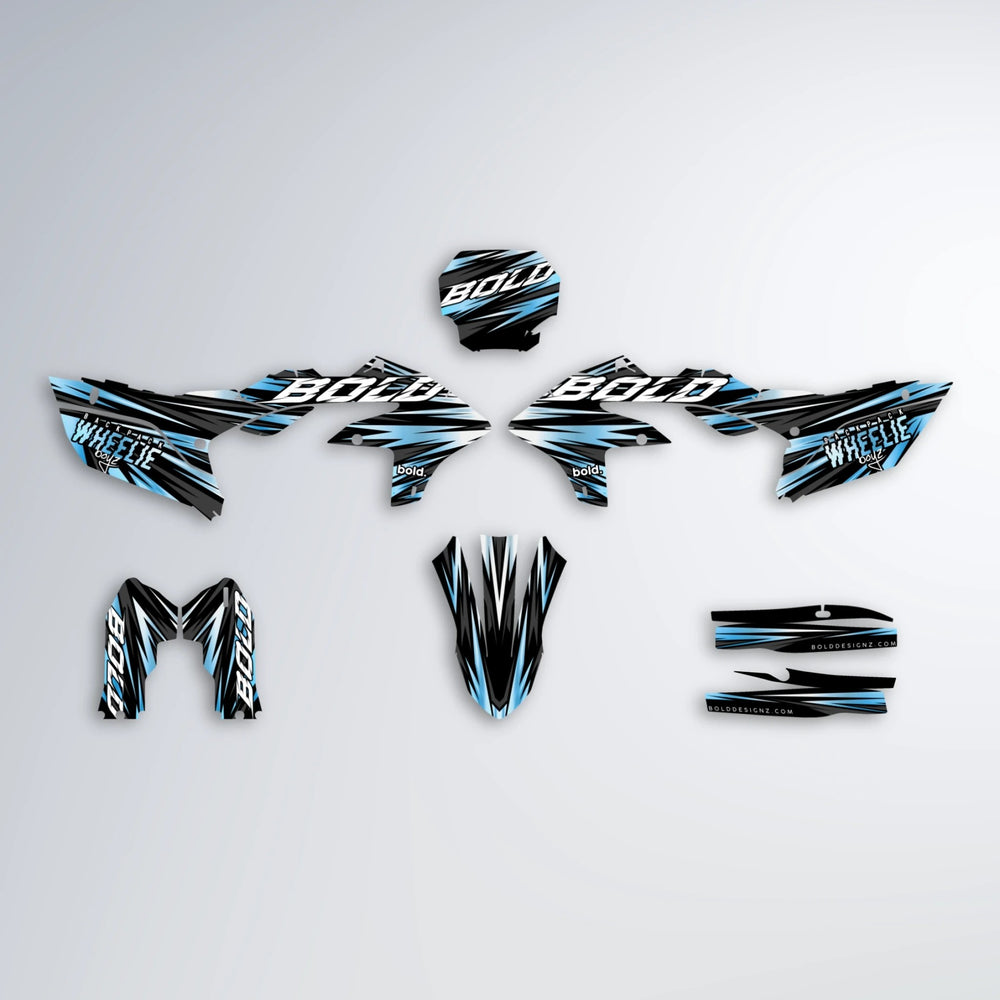 RAGE Yamaha YZF MX graphics kit parts layout in Light Blue & White