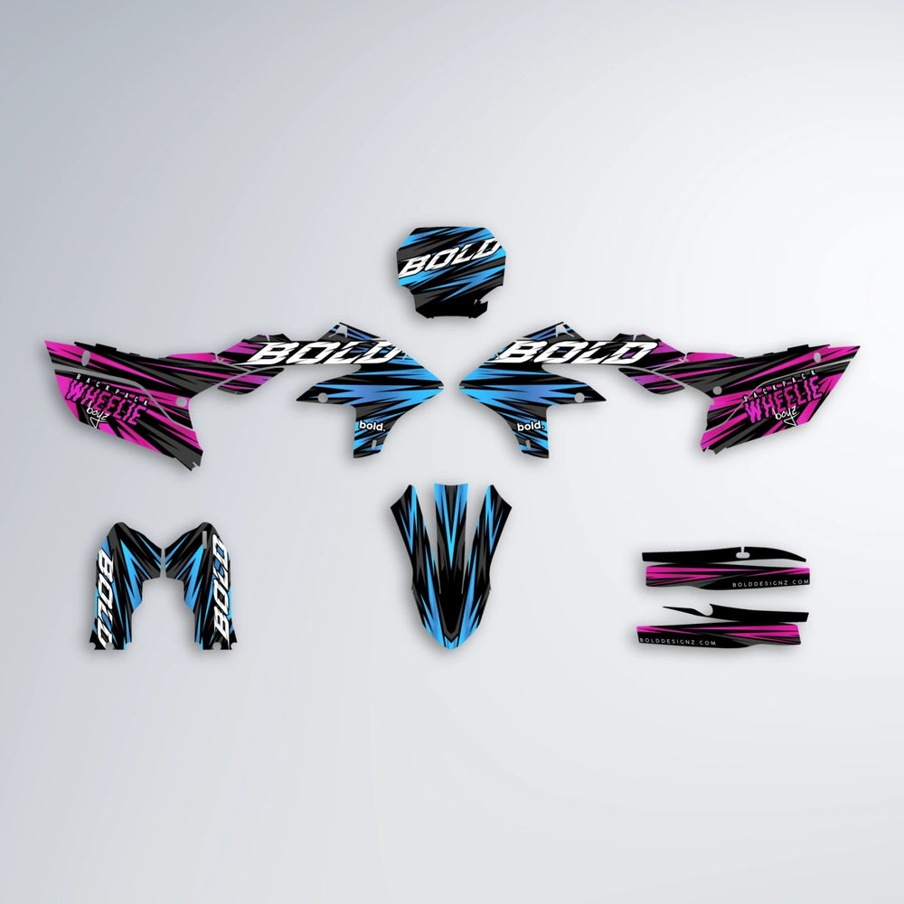 RAGE Yamaha YZF SM graphics kit parts layout in Pink & Light Blue