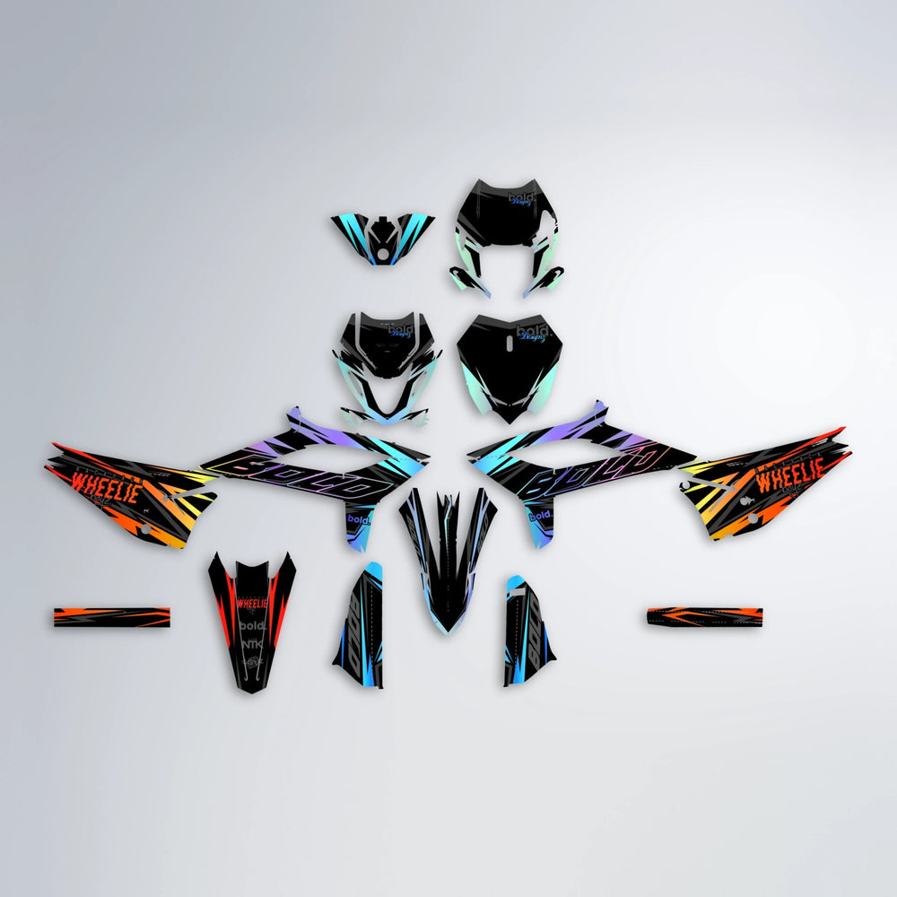 RAINBOW Beta graphics kit parts layout in Sunset Fade