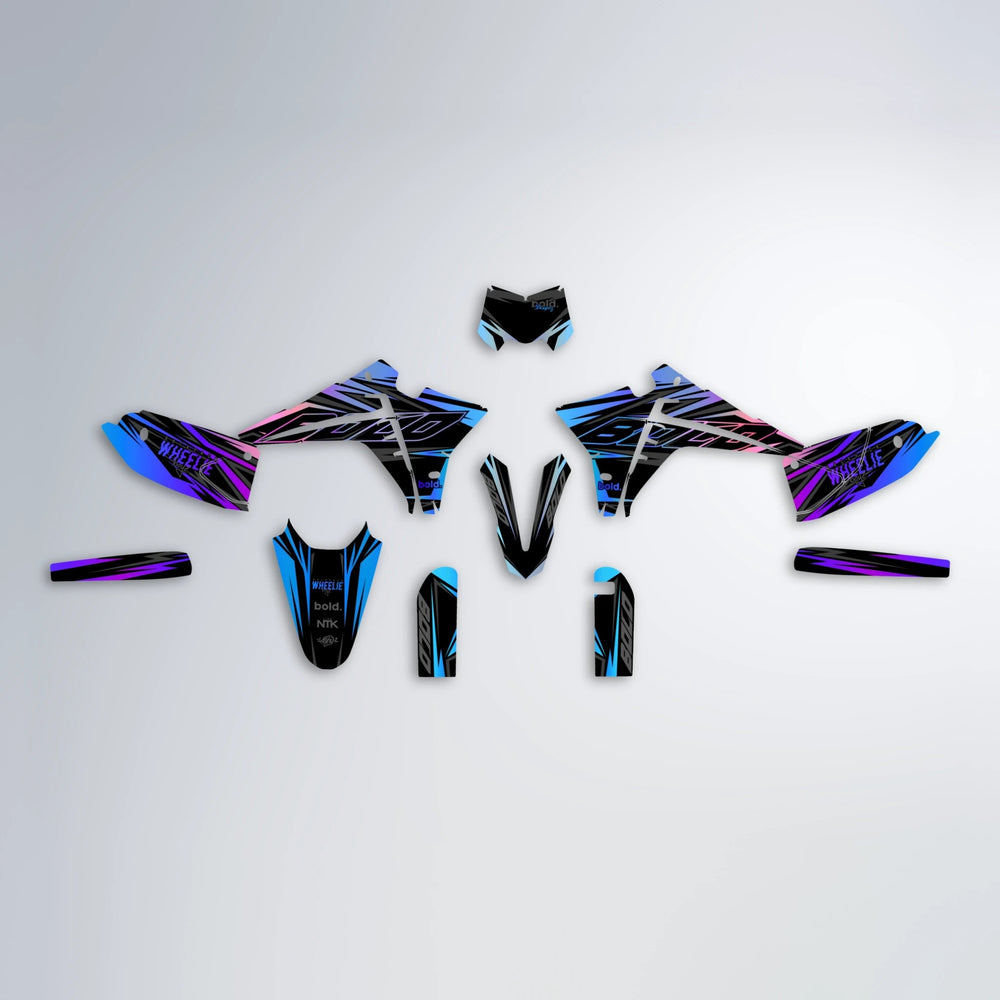 RAINBOW Fantic graphics kit parts layout in Blue Purple Fade