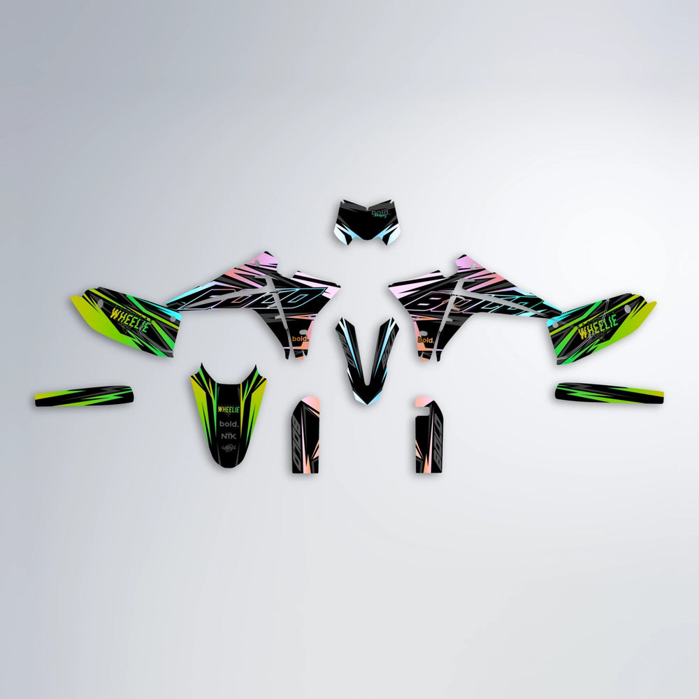 RAINBOW Fantic graphics kit parts layout in Cyan & Green