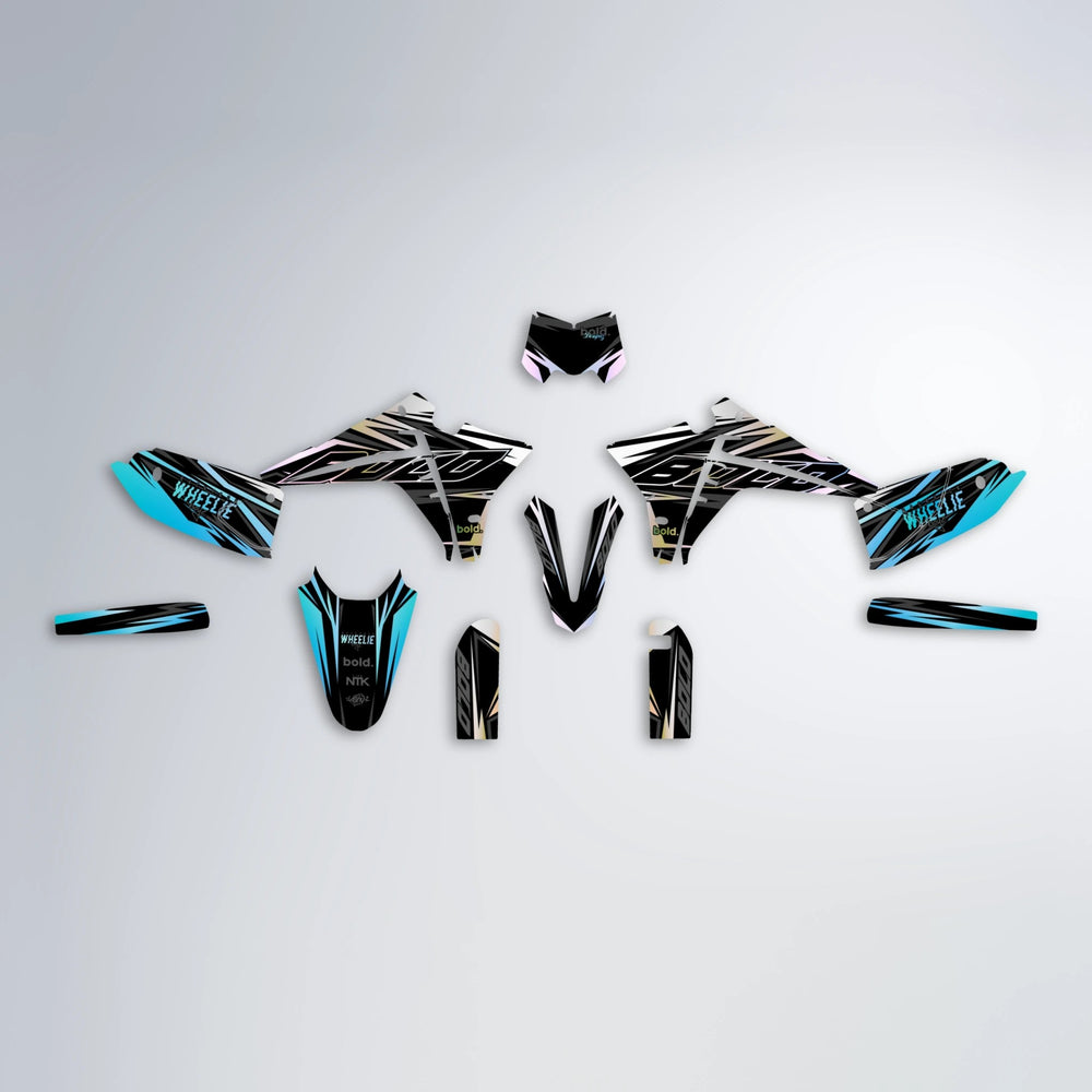 RAINBOW Fantic graphics kit parts layout in Light Blue & White