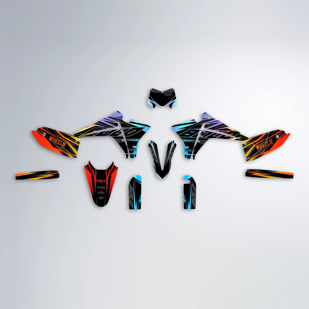 RAINBOW Fantic graphics kit parts layout in Sunset Fade
