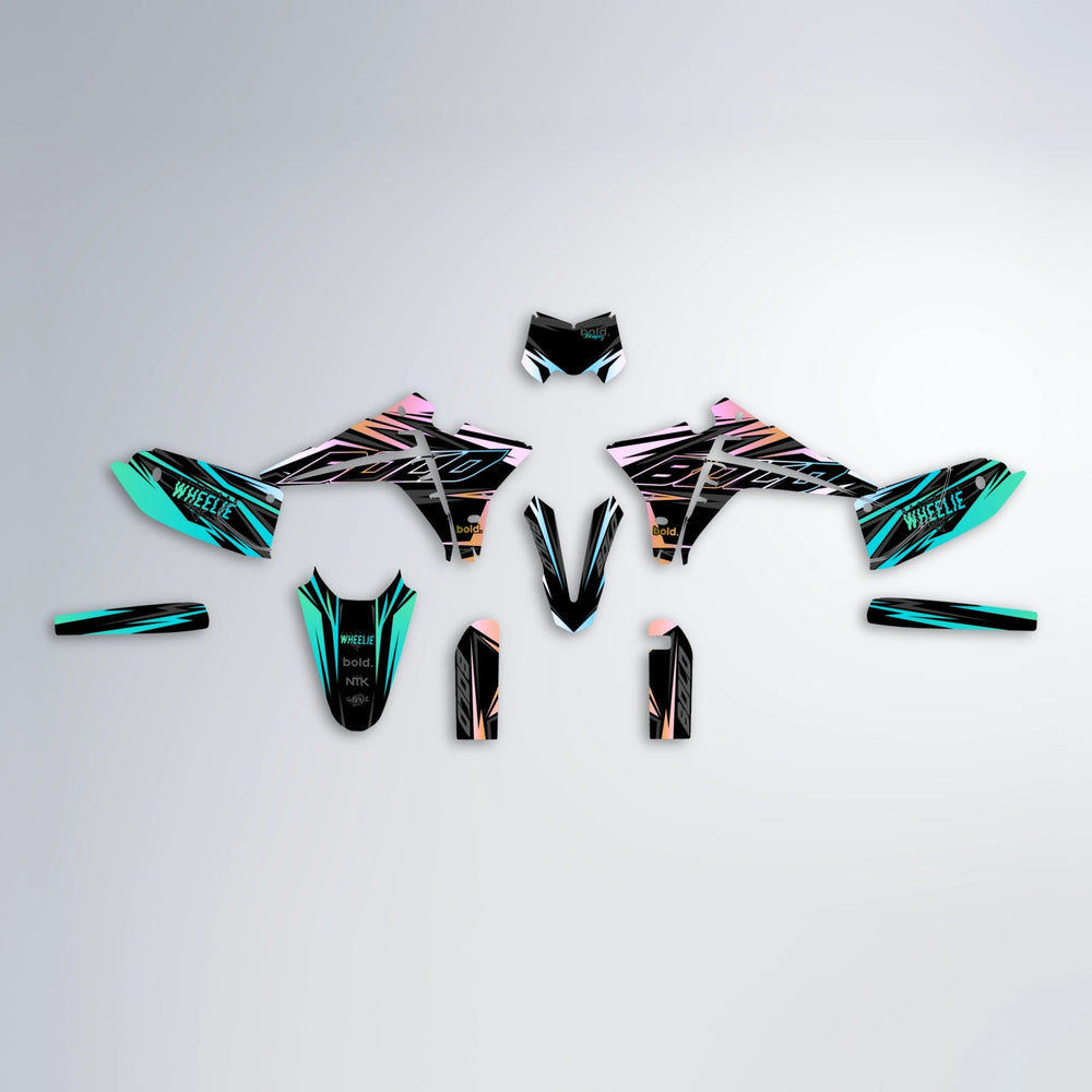 RAINBOW Fantic graphics kit parts layout in Teal